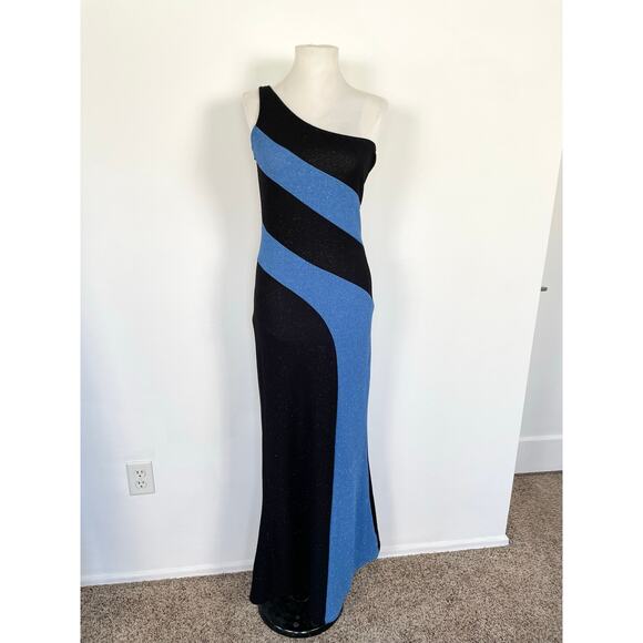 Vintage Water Signs Blue Black One Shoulder Sparkly Formal Maxi Dress Gown M - Picture 14 of 16